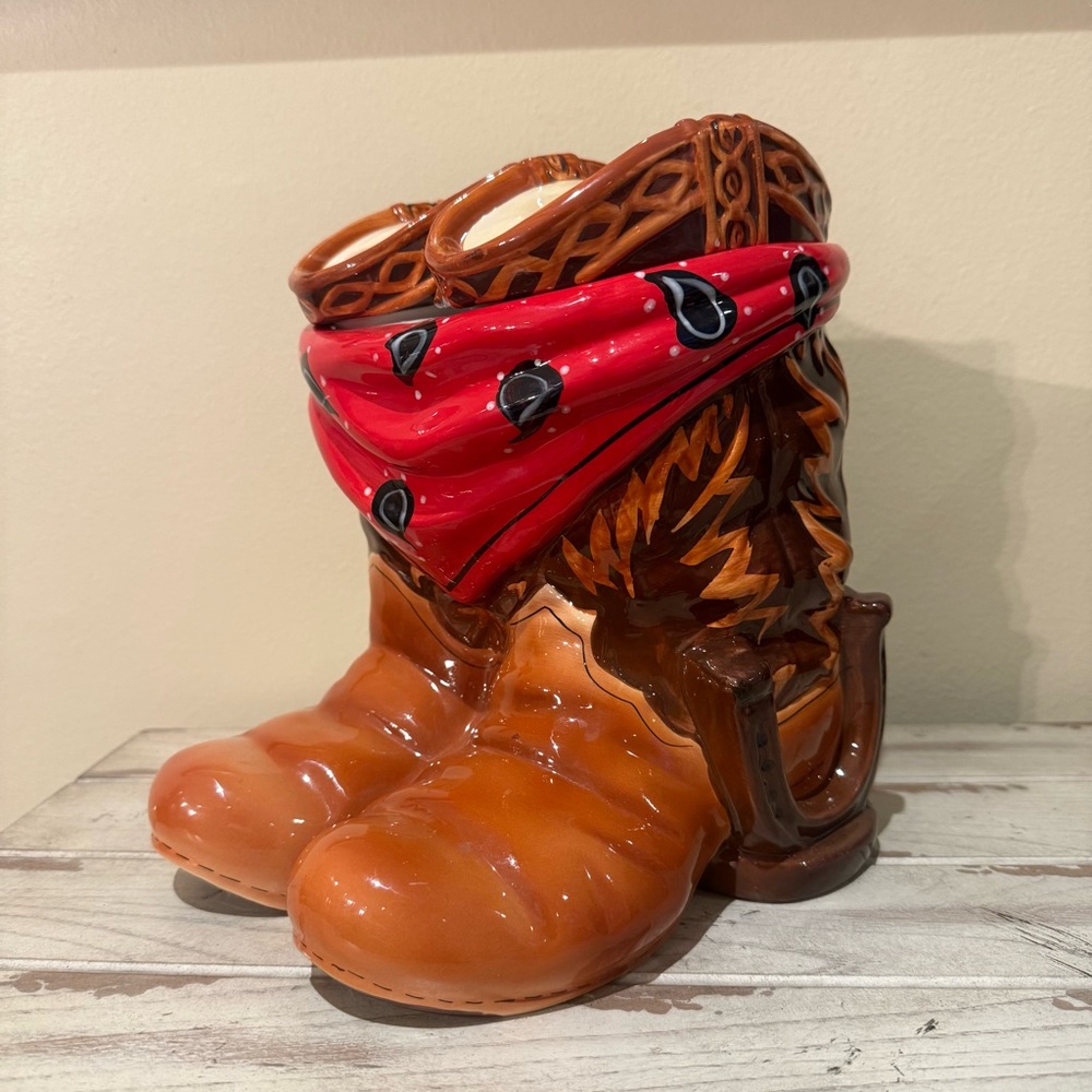 Cowboy Boots w/ Red Bandana Scarf And Horseshoe Ceramic Cookie Jar
